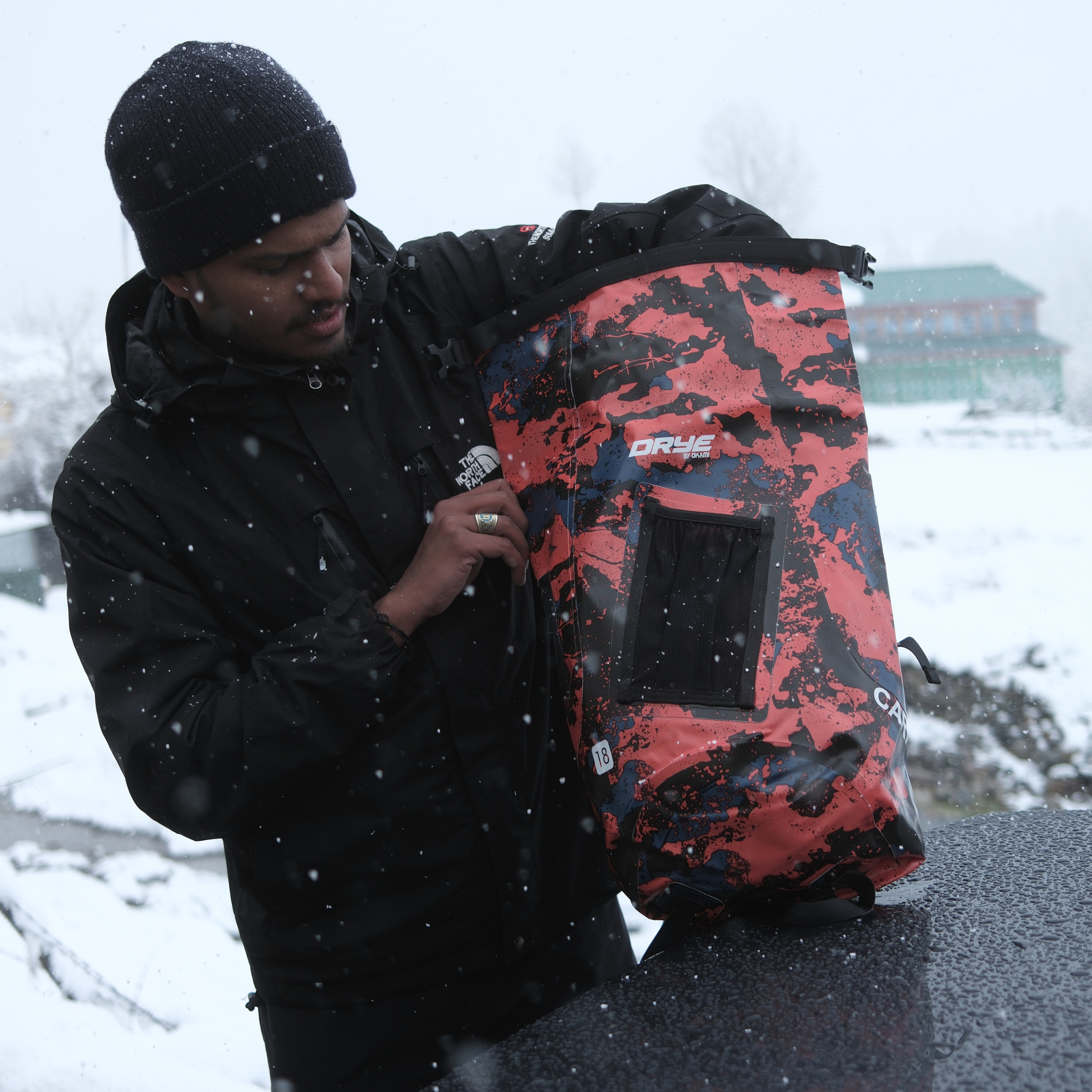 Waterproof Roll Top Backpack – Orange Camo | 18L DRYE Bag for Riders, Motorcyclists & Adventurers