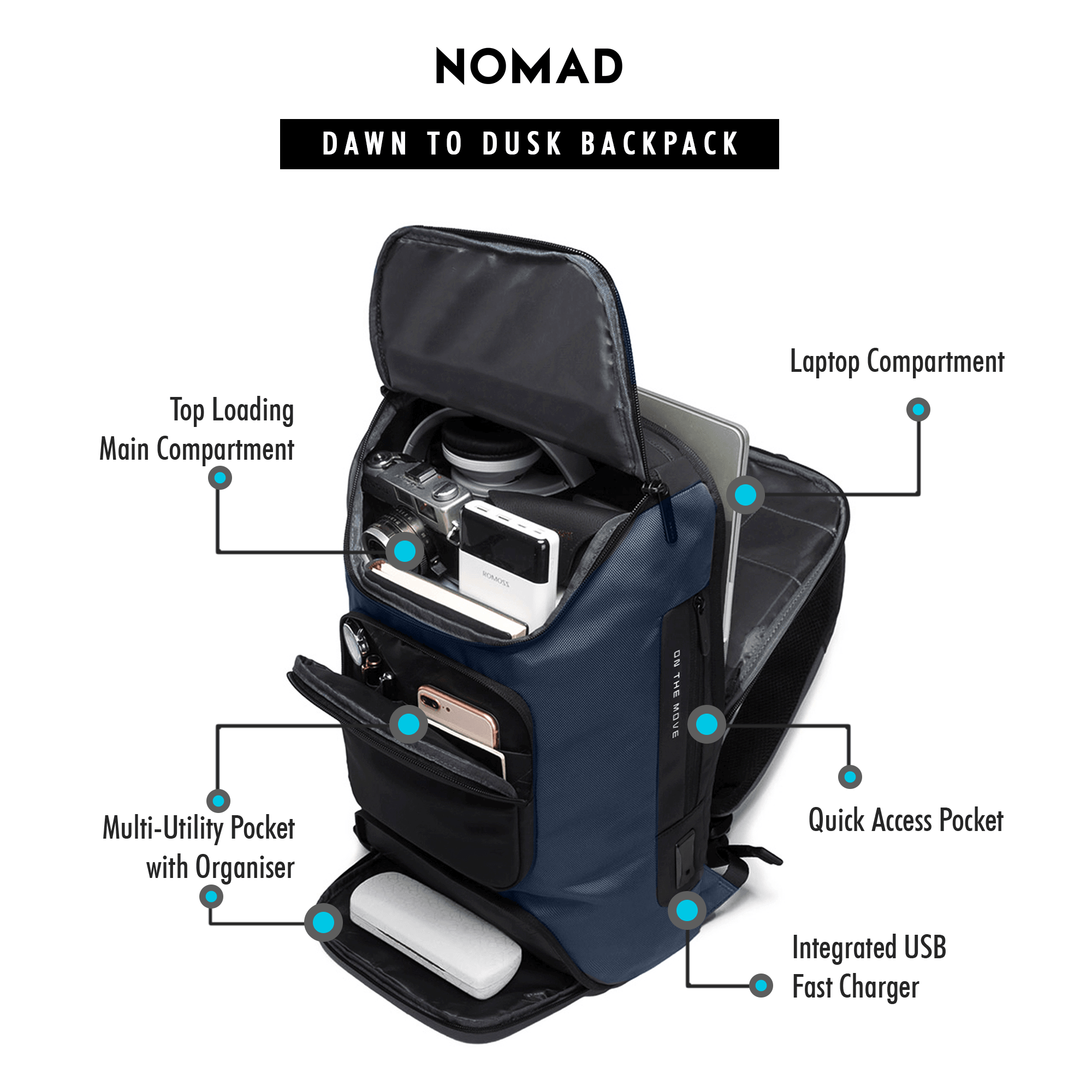 Nomad Laptop Backpack for Laptops up to 15.6" with Integrated Dual USB PD 3.0 Type-C Fast-Charging Upto 35 Watts (Osaka Blue) - OKAMI