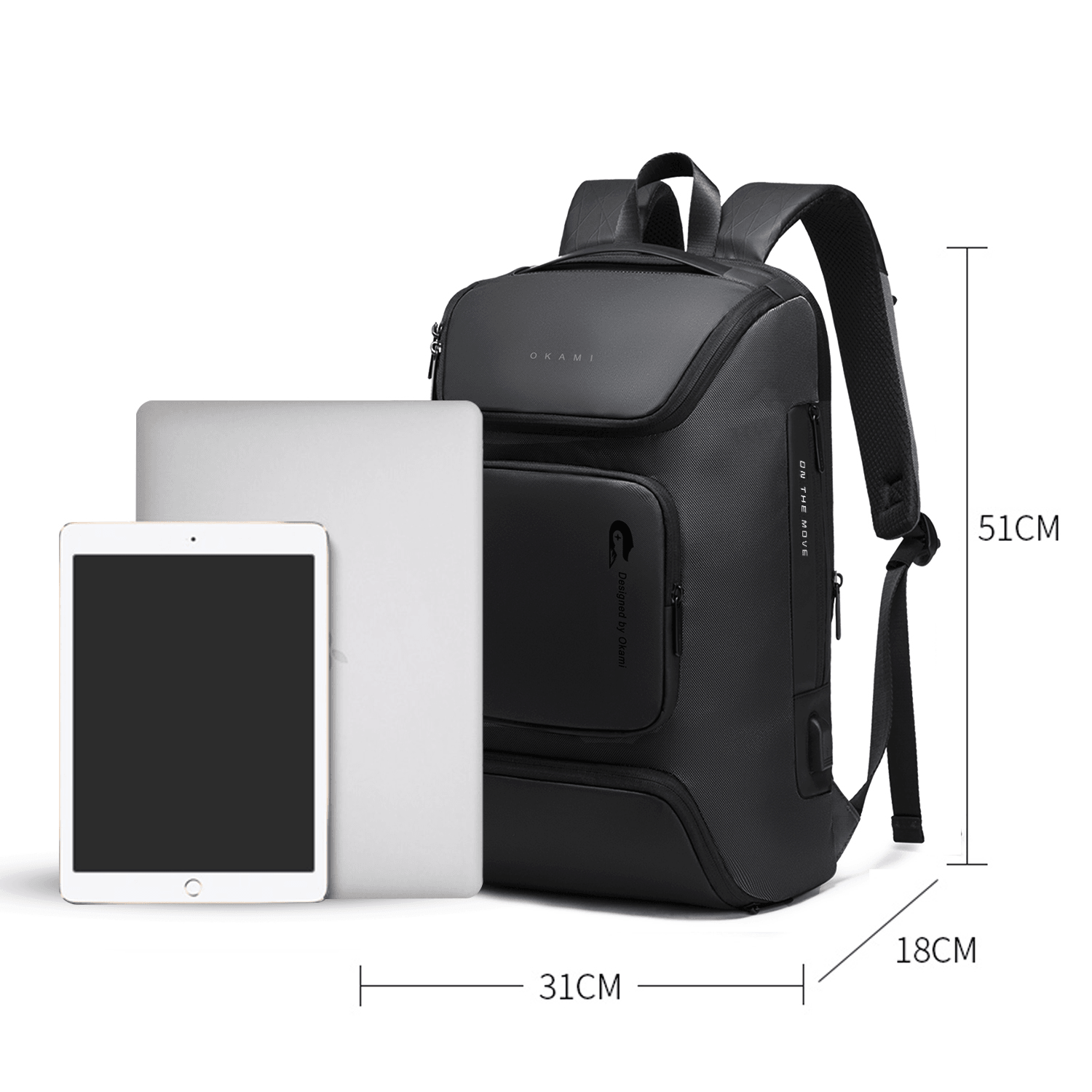 Nomad Laptop Backpack for Laptops up to 15.6" with Integrated Dual USB PD 3.0 Type-C Fast-Charging Upto 35 Watts (Black) - OKAMI