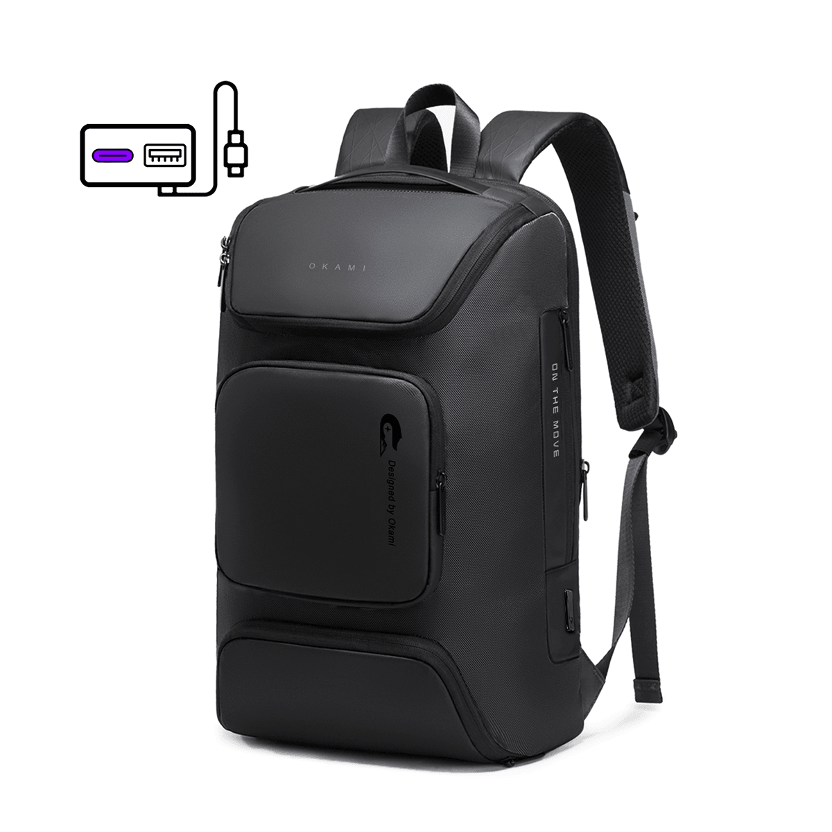 Nomad Laptop Backpack for Laptops up to 15.6" with Integrated Dual USB PD 3.0 Type-C Fast-Charging Upto 35 Watts (Black) - OKAMI