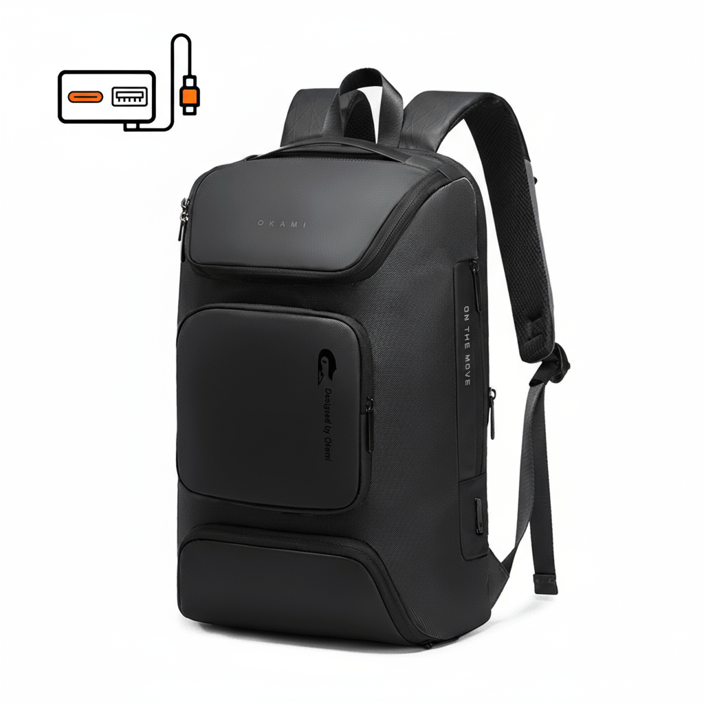 Nomad Laptop Backpack for Laptops up to 15.6" with Integrated Dual USB PD 3.0 Type-C Fast-Charging Upto 35 Watts (Black) - OKAMI
