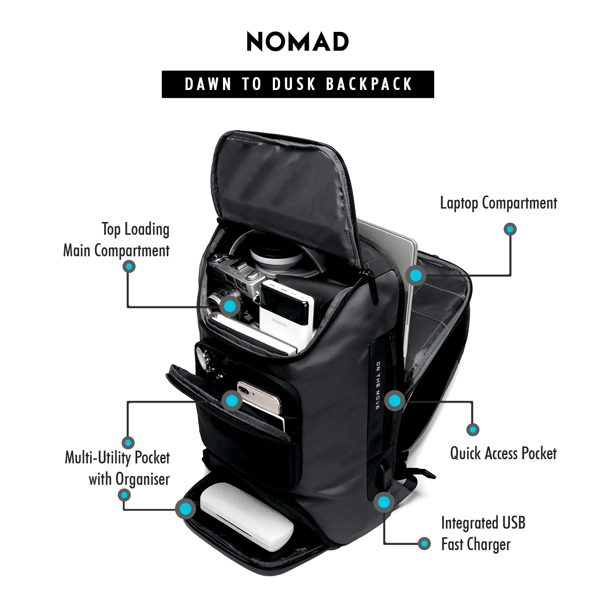 Nomad Laptop Backpack (Obsidian Black) with USB Fast-Charging