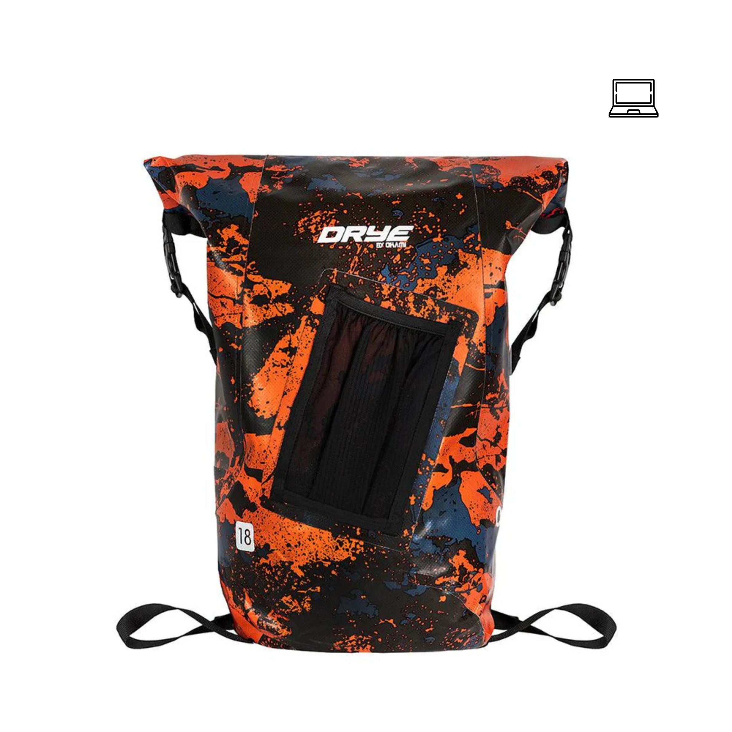 Waterproof Roll Top Laptop Backpack – Orange Camo | 18L DRYE Bag for Riders, Motorcyclists & Adventurers